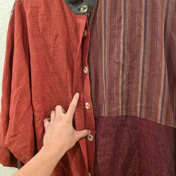 Version 7 Linen Colorblock Patchwork Tunic XL Rust Burgundy Striped Lagenlook - Picture 6 of 10